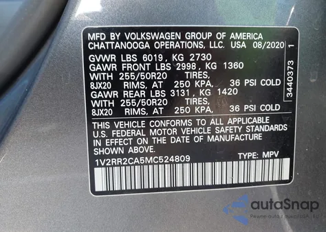 2021 Volkswagen Atlas 3.6L V6 Se W/Technology R-Line z USA, uszkodzony, nr VIN 1V2RR2CA5MC524809